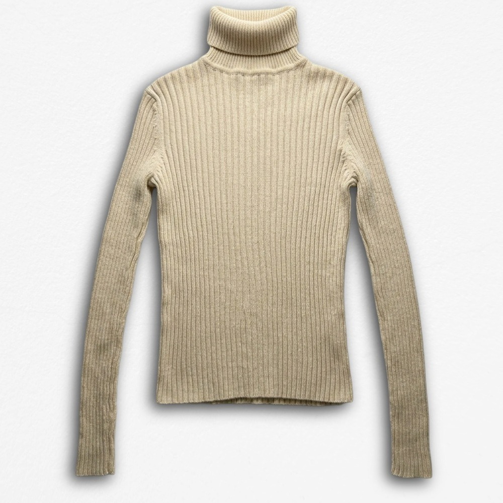 Ribbed Turtleneck Sweater Cream Beige Long Sleeve Slim Fit Knit Top Women Small